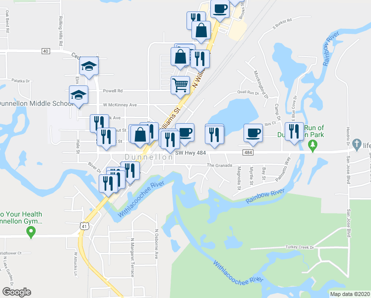 map of restaurants, bars, coffee shops, grocery stores, and more near 20359 East Pennsylvania Avenue in Dunnellon