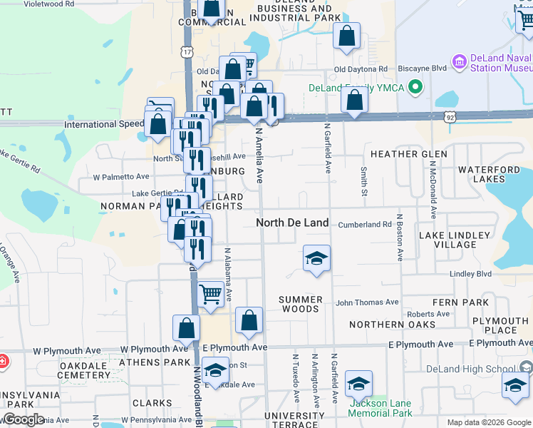 map of restaurants, bars, coffee shops, grocery stores, and more near 1207 North Amelia Avenue in DeLand