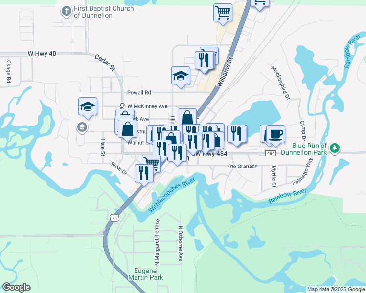map of restaurants, bars, coffee shops, grocery stores, and more near in Dunnellon
