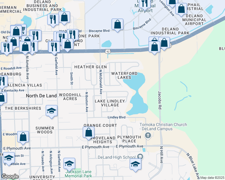 map of restaurants, bars, coffee shops, grocery stores, and more near 861 Village Lake Drive North in DeLand