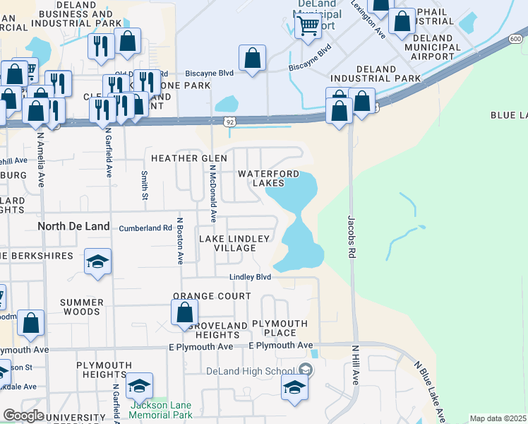 map of restaurants, bars, coffee shops, grocery stores, and more near 1303 Sutton Island Drive in DeLand