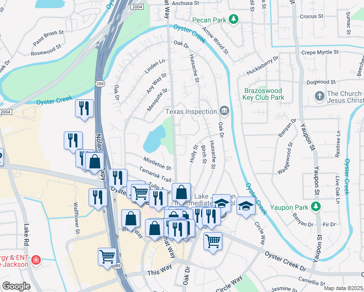 map of restaurants, bars, coffee shops, grocery stores, and more near 510 That Way in Lake Jackson