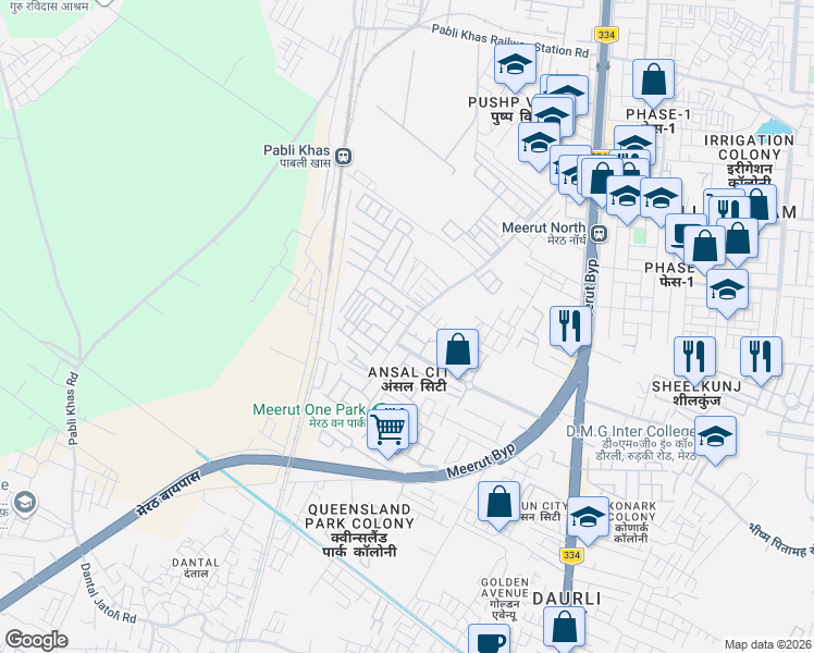 map of restaurants, bars, coffee shops, grocery stores, and more near Galleria Road in Meerut