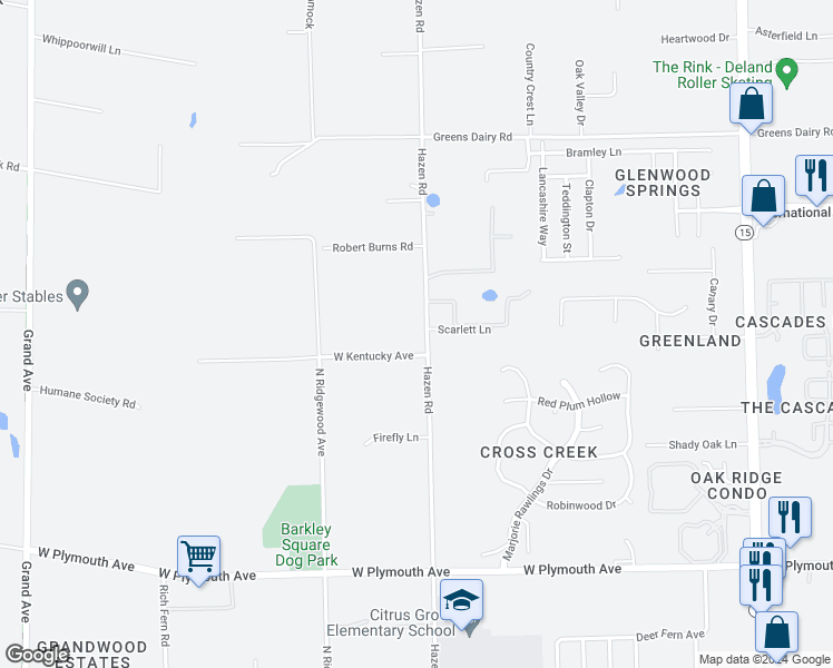 map of restaurants, bars, coffee shops, grocery stores, and more near 1340 Hazen Road in DeLand