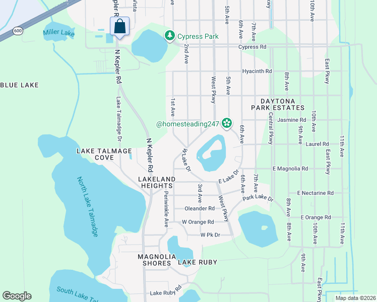 map of restaurants, bars, coffee shops, grocery stores, and more near 2495 West Lake Drive in DeLand