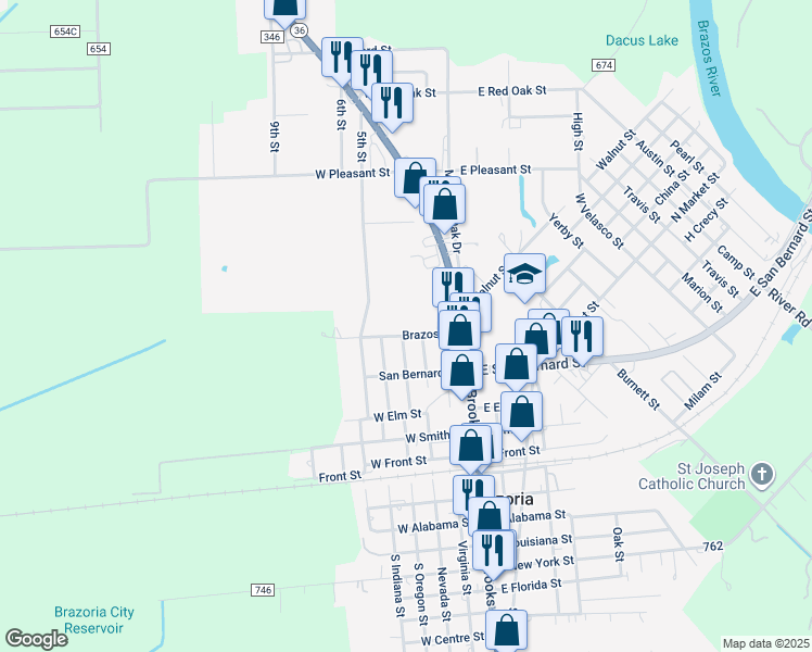 map of restaurants, bars, coffee shops, grocery stores, and more near 214 Brazos Street in Brazoria