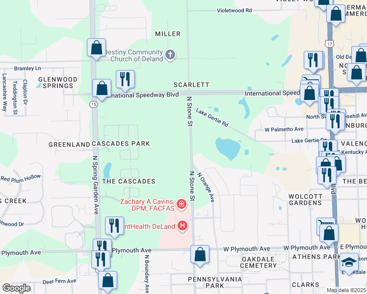 map of restaurants, bars, coffee shops, grocery stores, and more near 1210 North Stone Street in DeLand
