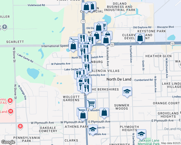 map of restaurants, bars, coffee shops, grocery stores, and more near 1346 Cook Street in DeLand