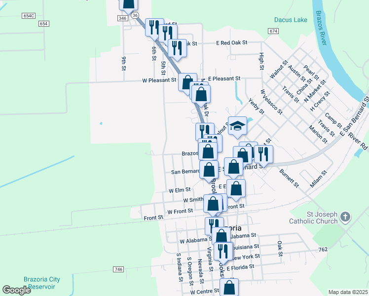 map of restaurants, bars, coffee shops, grocery stores, and more near 214 Brazos Street in Brazoria