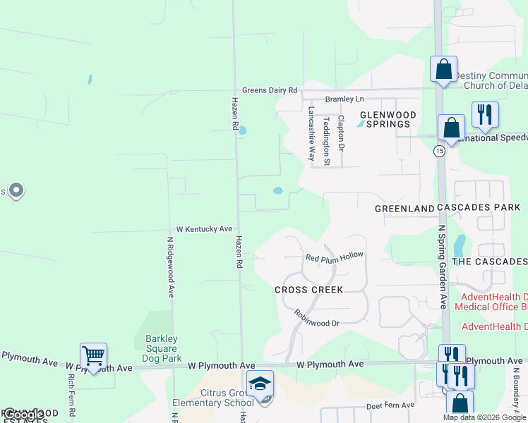 map of restaurants, bars, coffee shops, grocery stores, and more near 1550 Scarlett Lane in DeLand