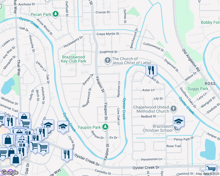 map of restaurants, bars, coffee shops, grocery stores, and more near 60 Raintree Court in Lake Jackson