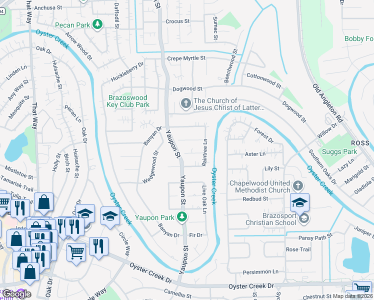 map of restaurants, bars, coffee shops, grocery stores, and more near 60 Raintree Court in Lake Jackson