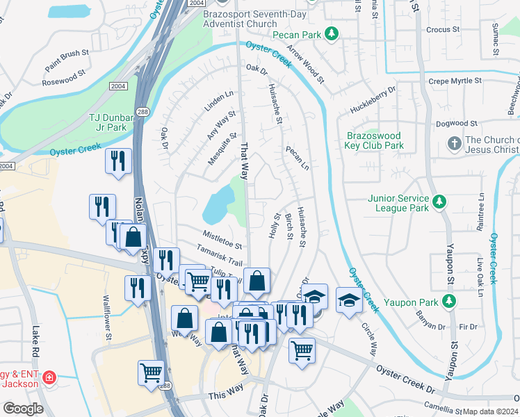 map of restaurants, bars, coffee shops, grocery stores, and more near 510 That Way in Lake Jackson
