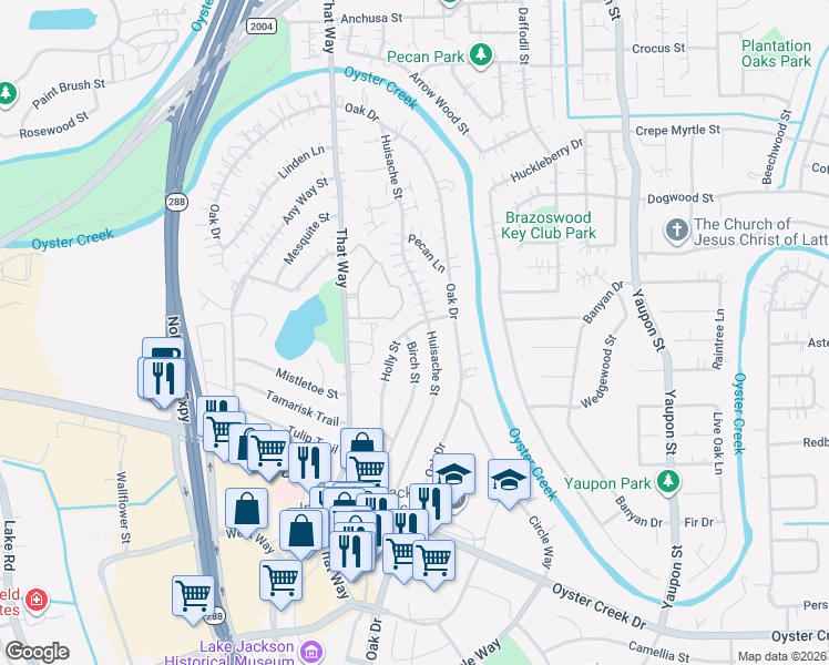 map of restaurants, bars, coffee shops, grocery stores, and more near 246 Birch Street in Lake Jackson