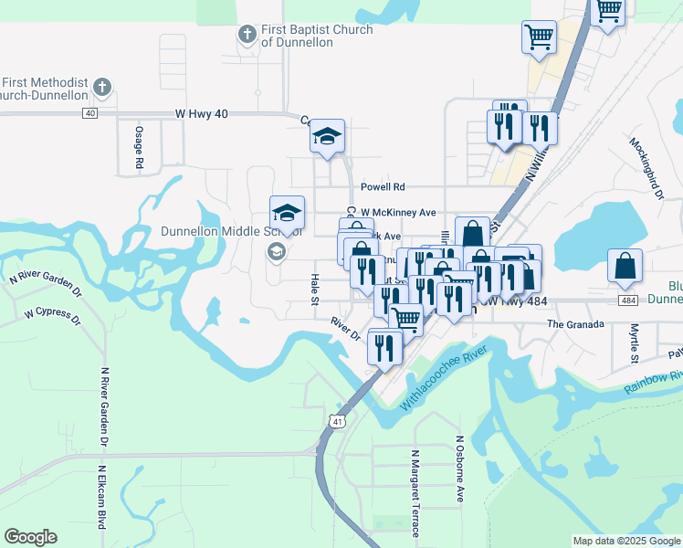 map of restaurants, bars, coffee shops, grocery stores, and more near 20837 Walnut Street in Dunnellon