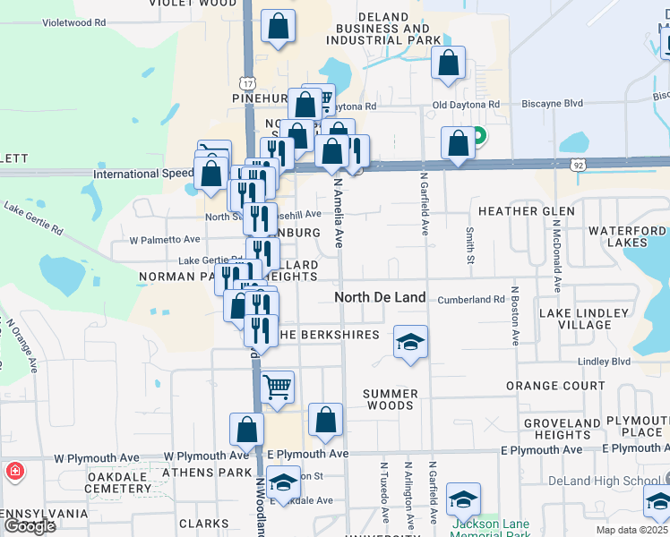 map of restaurants, bars, coffee shops, grocery stores, and more near 1302 North Amelia Avenue in DeLand