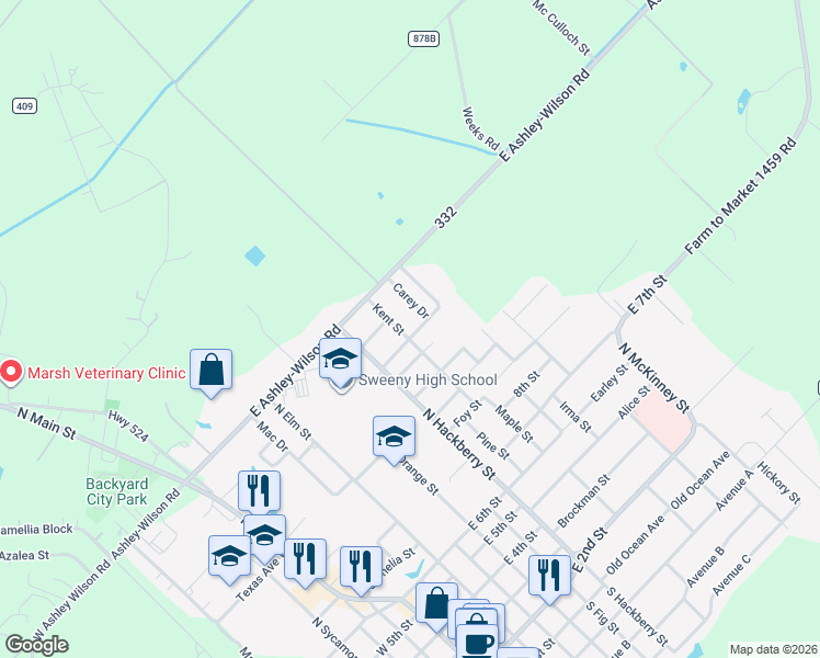 map of restaurants, bars, coffee shops, grocery stores, and more near 1202 Kent Street in Sweeny