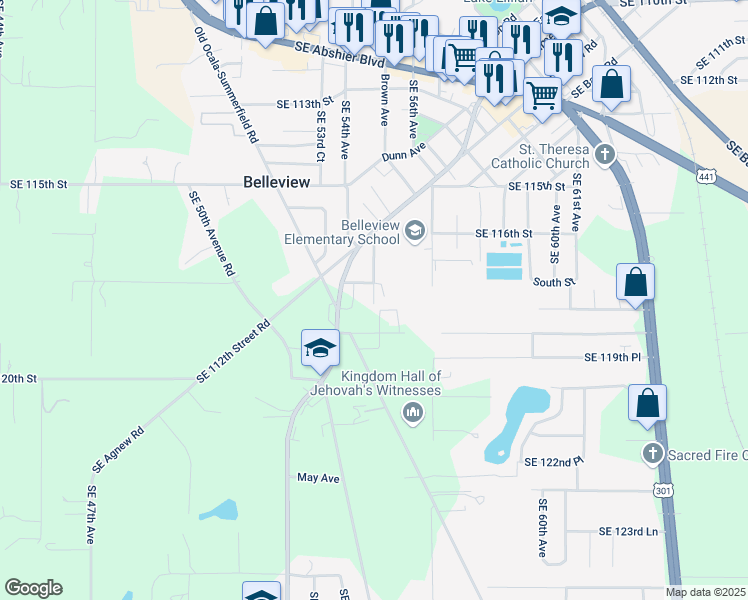 map of restaurants, bars, coffee shops, grocery stores, and more near 11789 Southeast 55th Avenue in Belleview