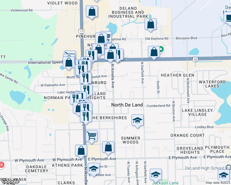 map of restaurants, bars, coffee shops, grocery stores, and more near 1302 North Amelia Avenue in DeLand