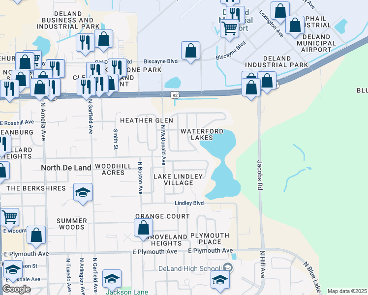map of restaurants, bars, coffee shops, grocery stores, and more near 810 Benton Lake Drive South in DeLand