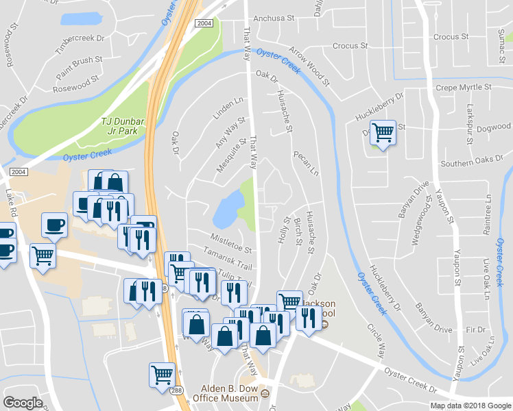 map of restaurants, bars, coffee shops, grocery stores, and more near 520 That Way in Lake Jackson