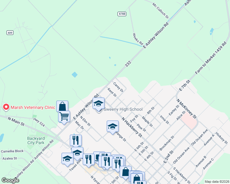 map of restaurants, bars, coffee shops, grocery stores, and more near 1202 Kent Street in Sweeny