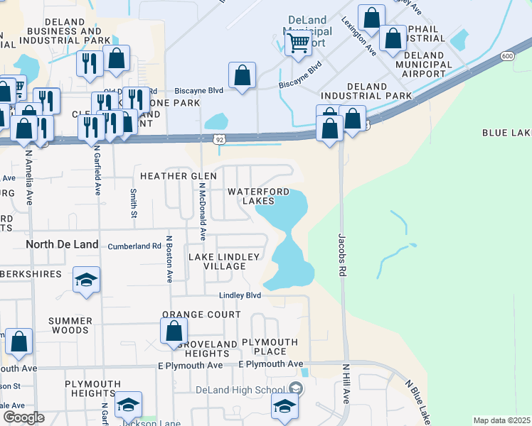 map of restaurants, bars, coffee shops, grocery stores, and more near 1303 Sutton Island Drive in DeLand