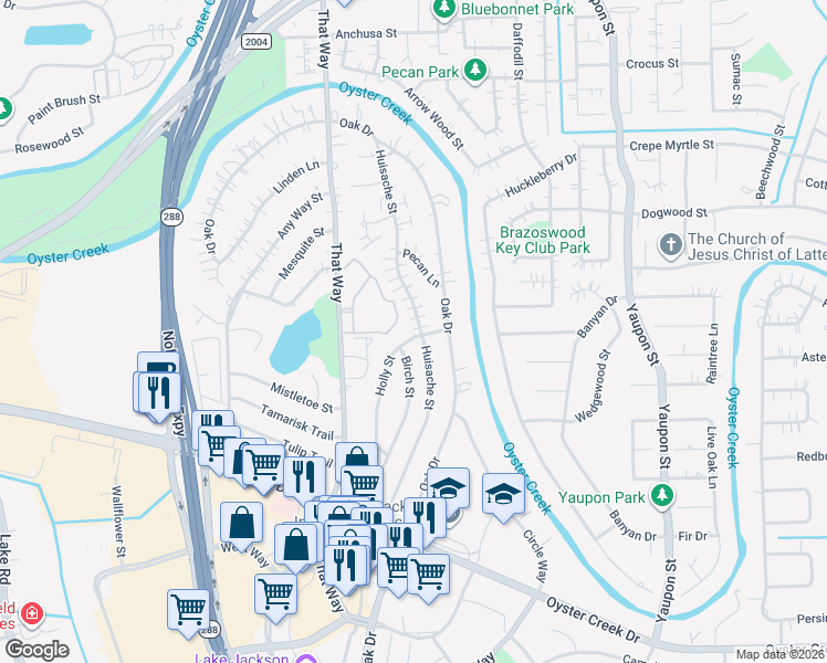 map of restaurants, bars, coffee shops, grocery stores, and more near 246 Birch Street in Lake Jackson