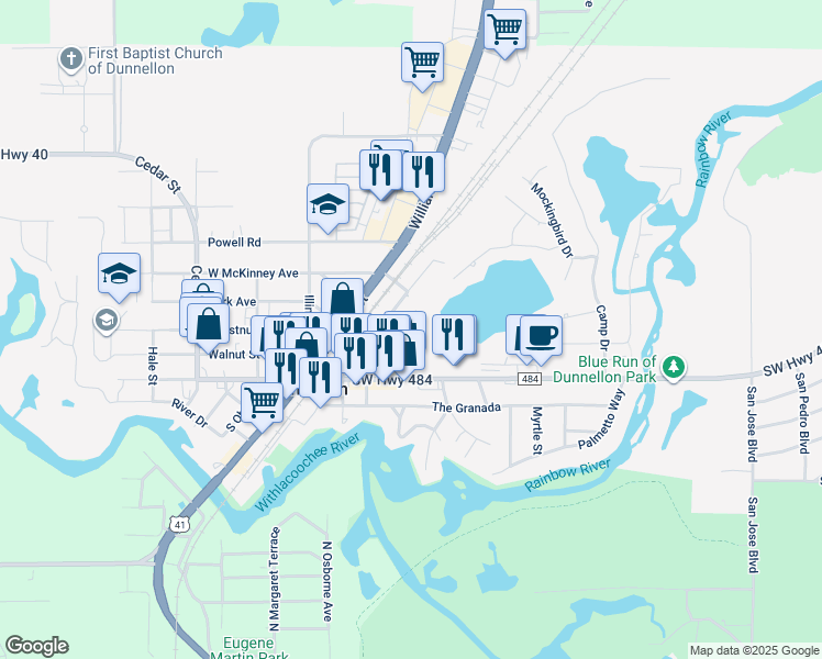 map of restaurants, bars, coffee shops, grocery stores, and more near 11865 Rainbow Gardens Circle in Dunnellon