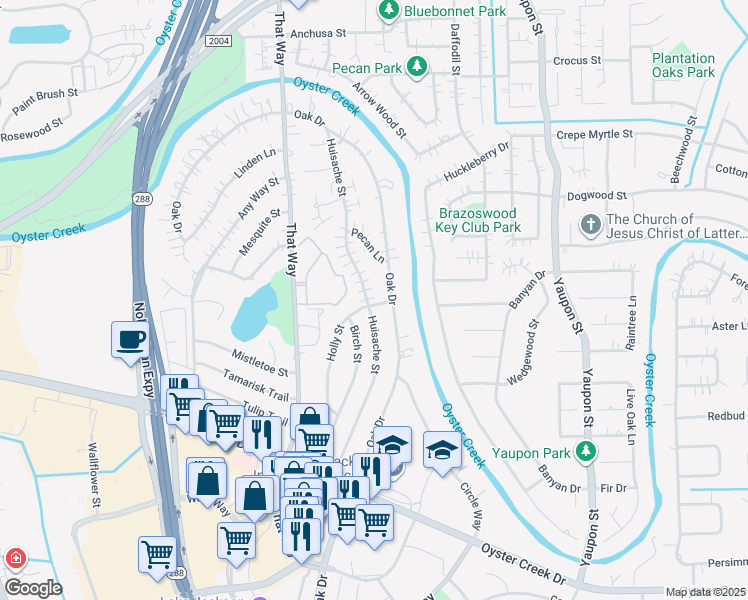 map of restaurants, bars, coffee shops, grocery stores, and more near 302 Huisache Street in Lake Jackson