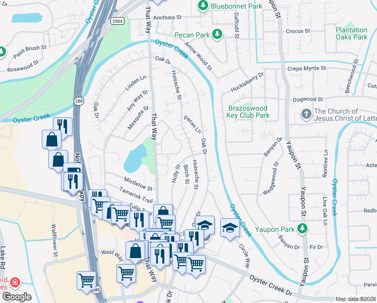map of restaurants, bars, coffee shops, grocery stores, and more near 355 Huisache Street in Lake Jackson