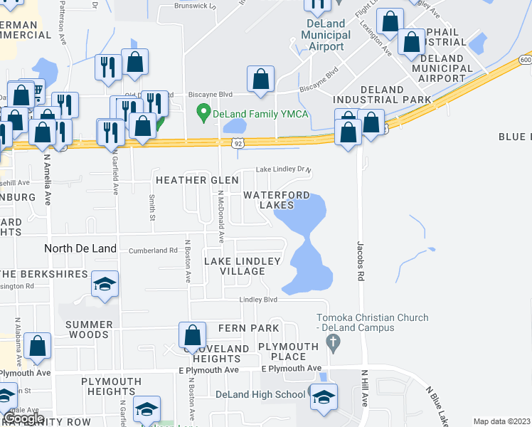 map of restaurants, bars, coffee shops, grocery stores, and more near 1311 Sutton Island Drive in DeLand