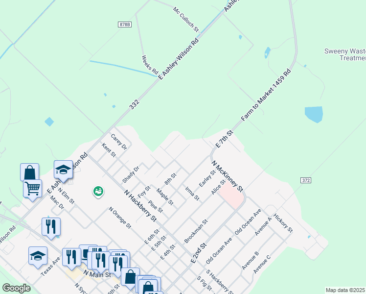 map of restaurants, bars, coffee shops, grocery stores, and more near 1459 East 7th Street in Sweeny