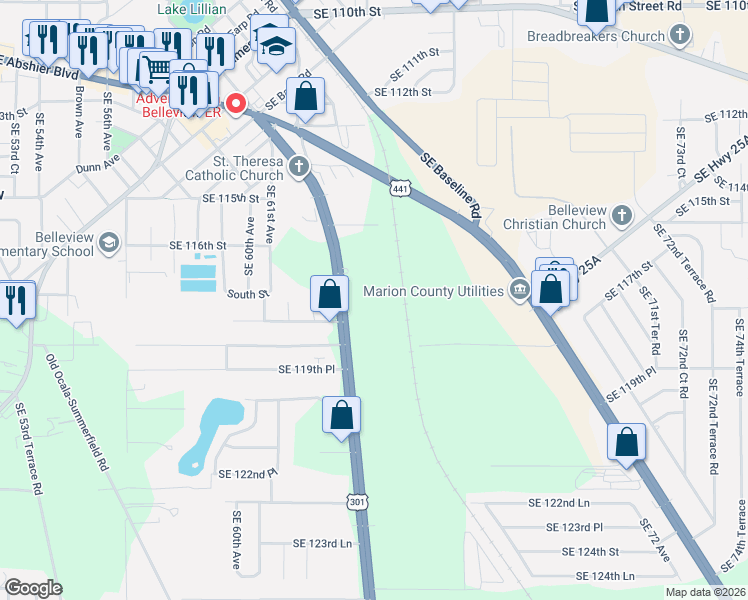 map of restaurants, bars, coffee shops, grocery stores, and more near 11745 U.S. 301 in Belleview