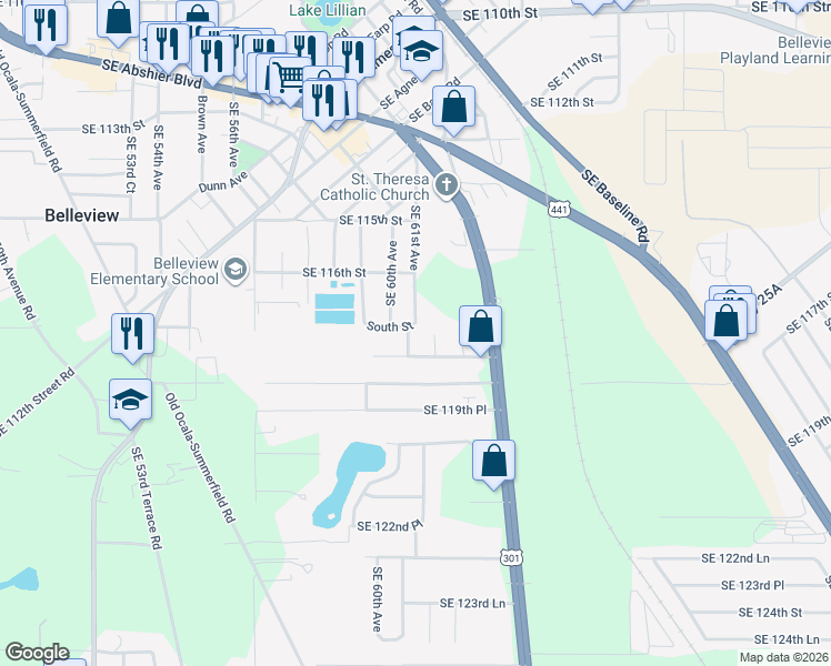 map of restaurants, bars, coffee shops, grocery stores, and more near 6084 Southeast 118th Street in Belleview