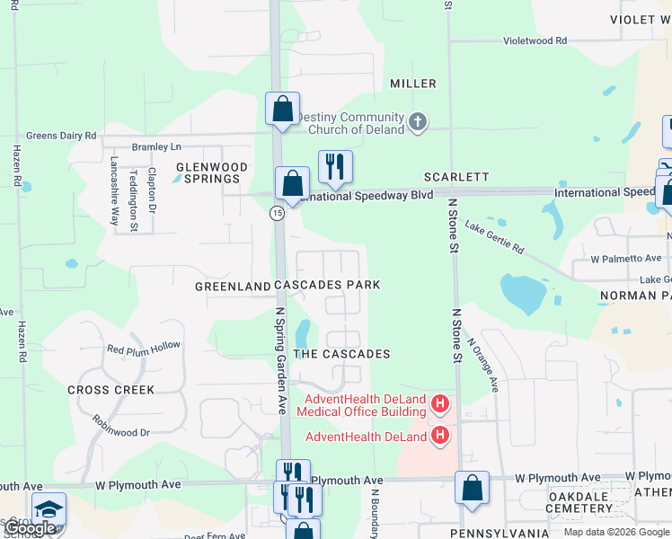map of restaurants, bars, coffee shops, grocery stores, and more near 1369 Lazy River Lane in DeLand
