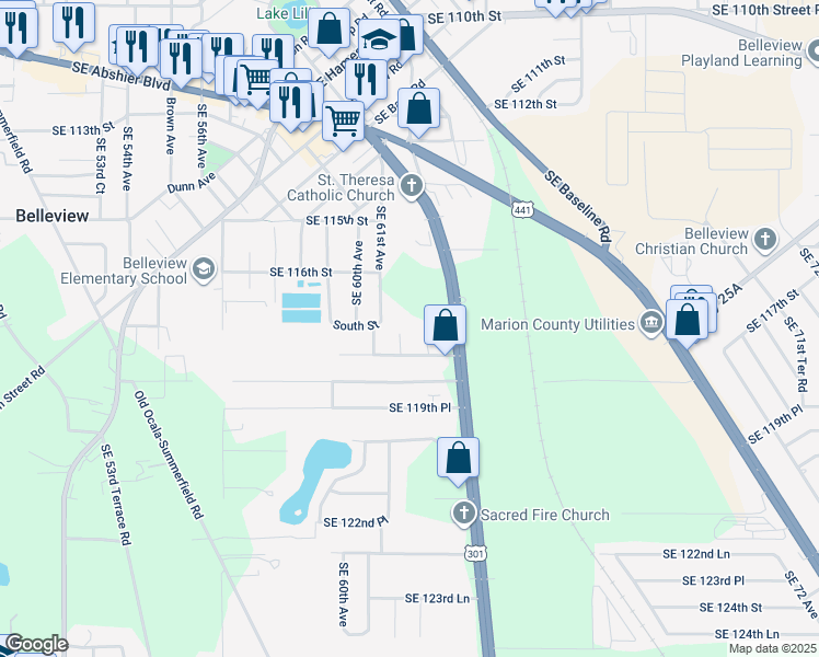 map of restaurants, bars, coffee shops, grocery stores, and more near 11801 Southeast 61st Avenue in Belleview
