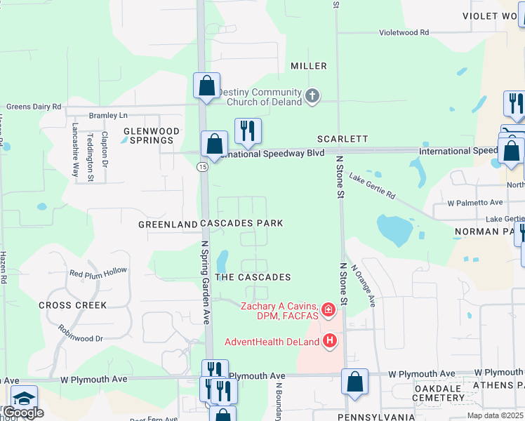 map of restaurants, bars, coffee shops, grocery stores, and more near 933 Cascades Park Trail in DeLand