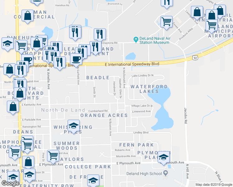 map of restaurants, bars, coffee shops, grocery stores, and more near 1355 Hendren Drive in DeLand