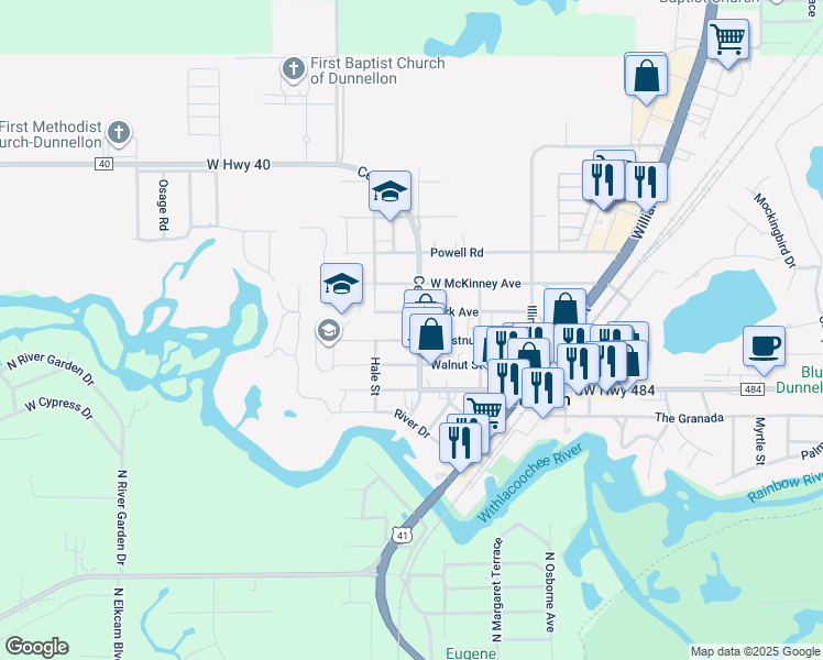 map of restaurants, bars, coffee shops, grocery stores, and more near 11806 Cedar Street in Dunnellon
