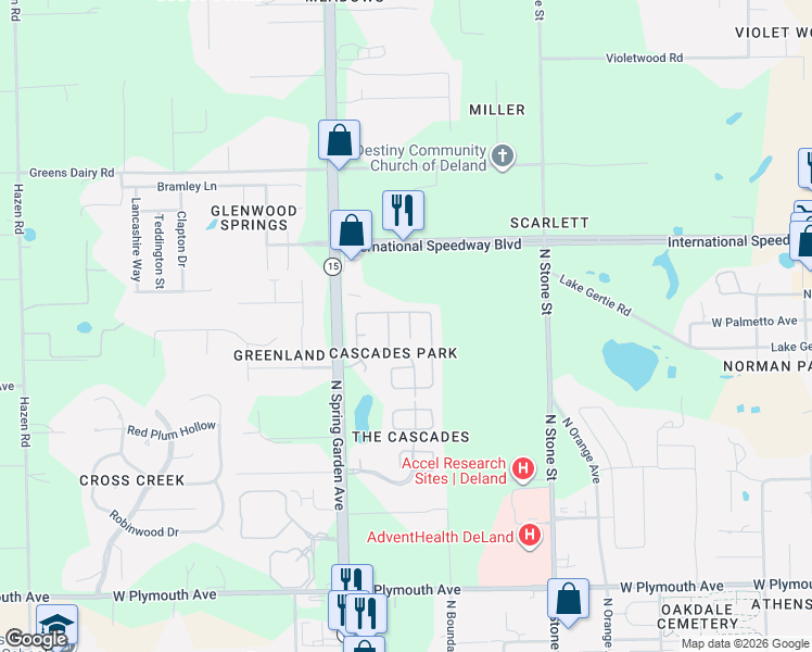 map of restaurants, bars, coffee shops, grocery stores, and more near 1369 Lazy River Lane in DeLand
