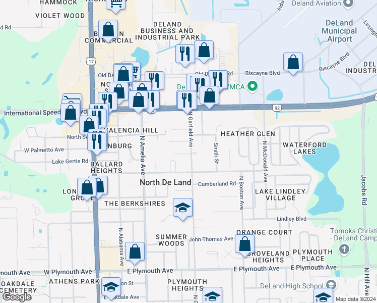 map of restaurants, bars, coffee shops, grocery stores, and more near 1410 North Garfield Avenue in DeLand