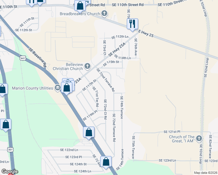 map of restaurants, bars, coffee shops, grocery stores, and more near 7377 Southeast 116th Street Road in Belleview