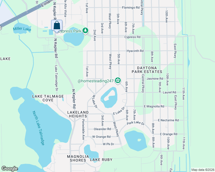 map of restaurants, bars, coffee shops, grocery stores, and more near 2421 West Lake Drive in DeLand