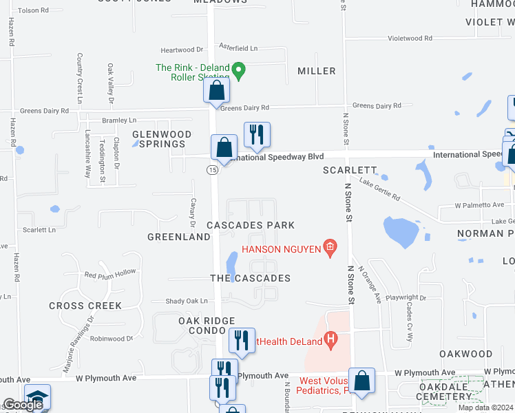 map of restaurants, bars, coffee shops, grocery stores, and more near 1350 Rolling River Road in DeLand