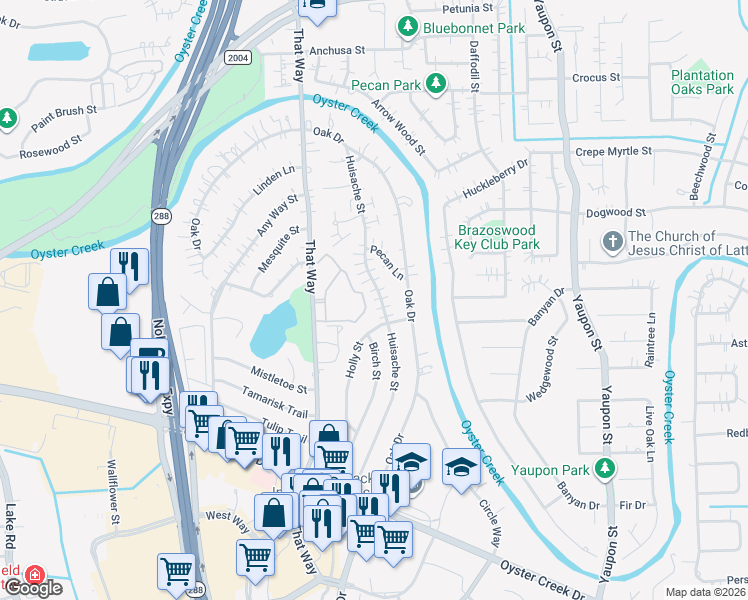 map of restaurants, bars, coffee shops, grocery stores, and more near 355 Huisache Street in Lake Jackson