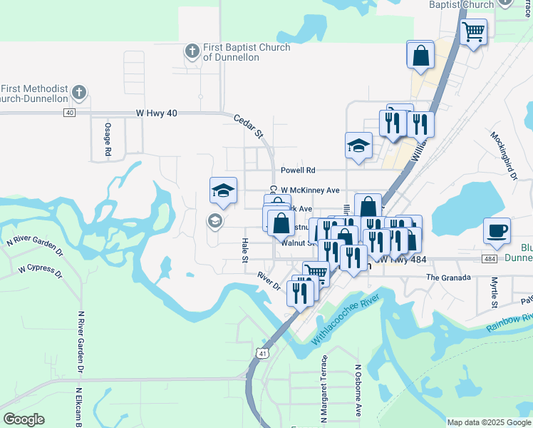 map of restaurants, bars, coffee shops, grocery stores, and more near 11806 Cedar Street in Dunnellon