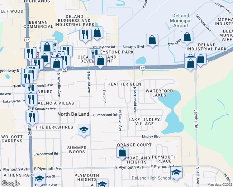 map of restaurants, bars, coffee shops, grocery stores, and more near 1380 Hensley Drive in DeLand