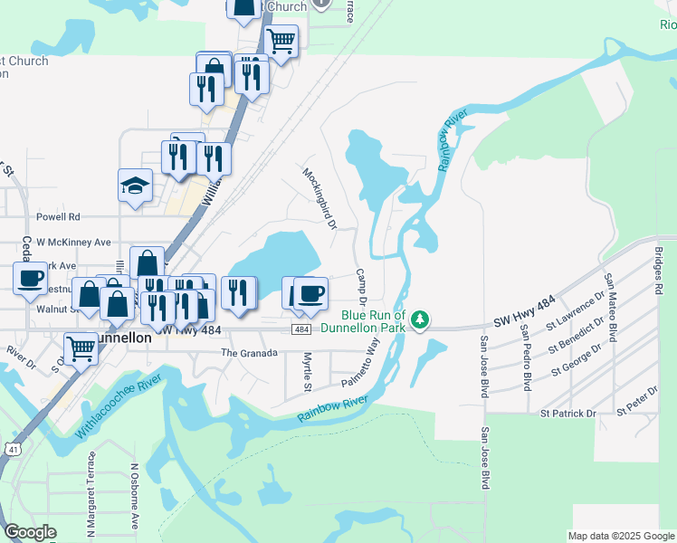 map of restaurants, bars, coffee shops, grocery stores, and more near 19921 Ibis Court in Dunnellon