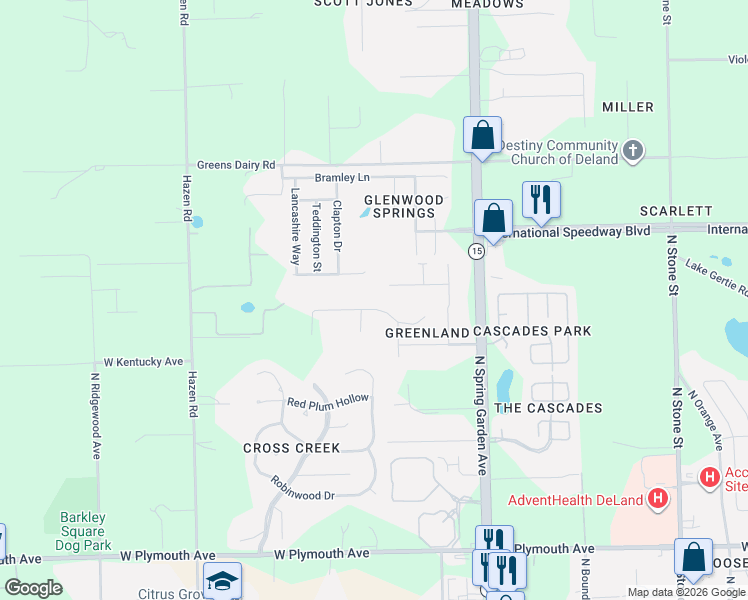map of restaurants, bars, coffee shops, grocery stores, and more near 1305 Greenland Trce in DeLand